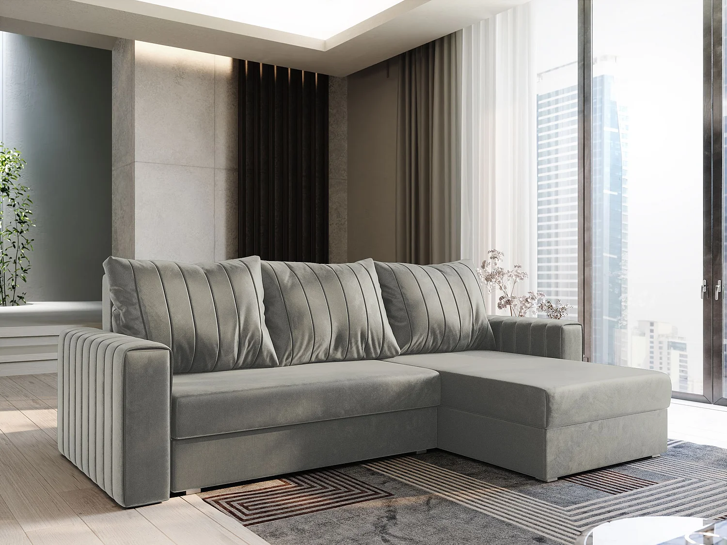 Canapé d'angle CARL Gris clair en peluche avec fonction de couchage