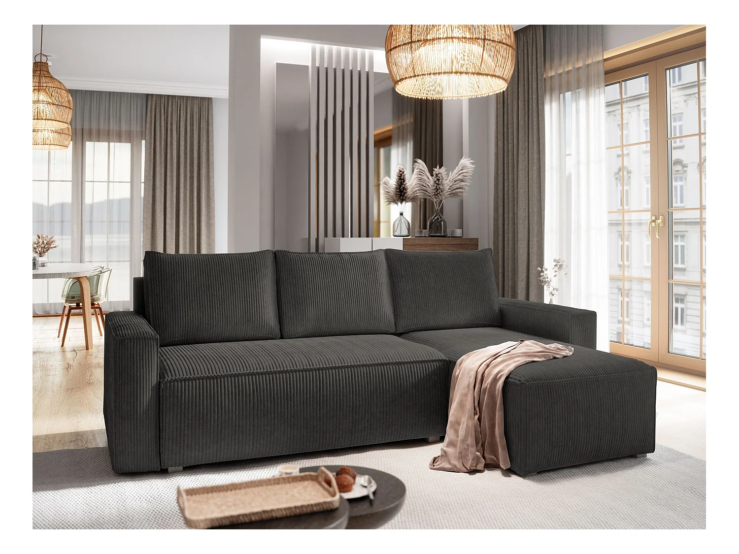 Canapé d'angle POTARO Gris anthracite en velours côtelé avec fonction de couchage