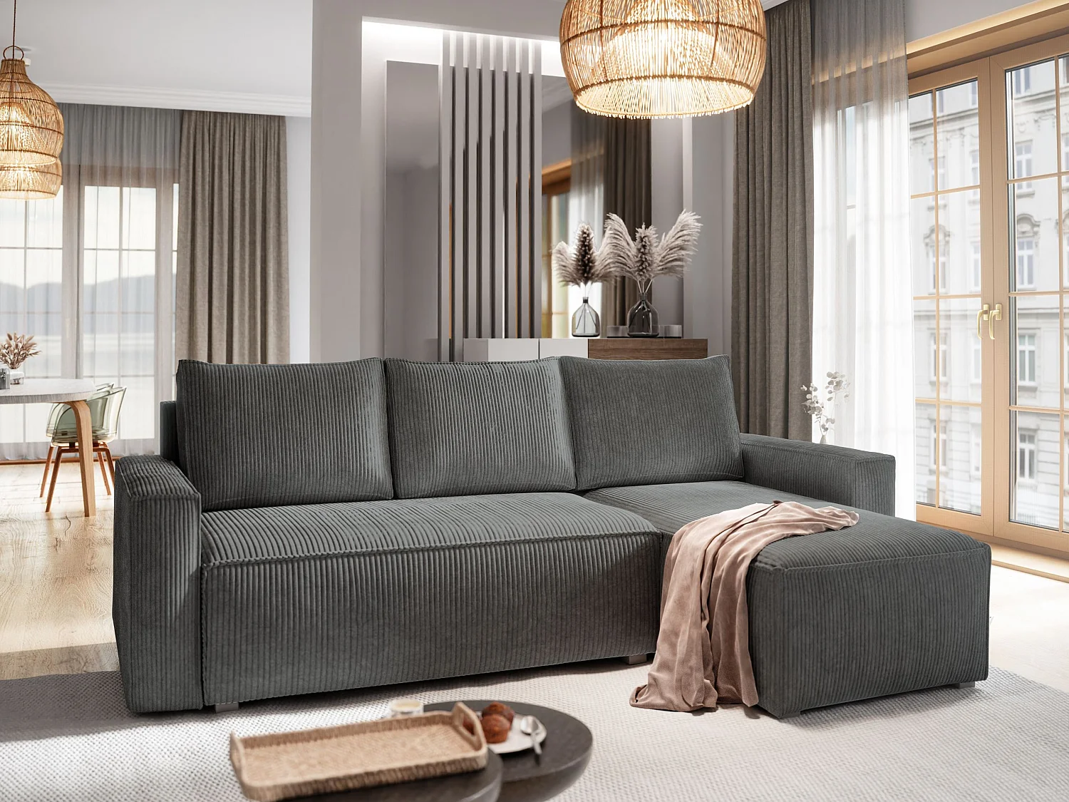 Canapé d'angle POTARO Gris en velours côtelé avec fonction de couchage