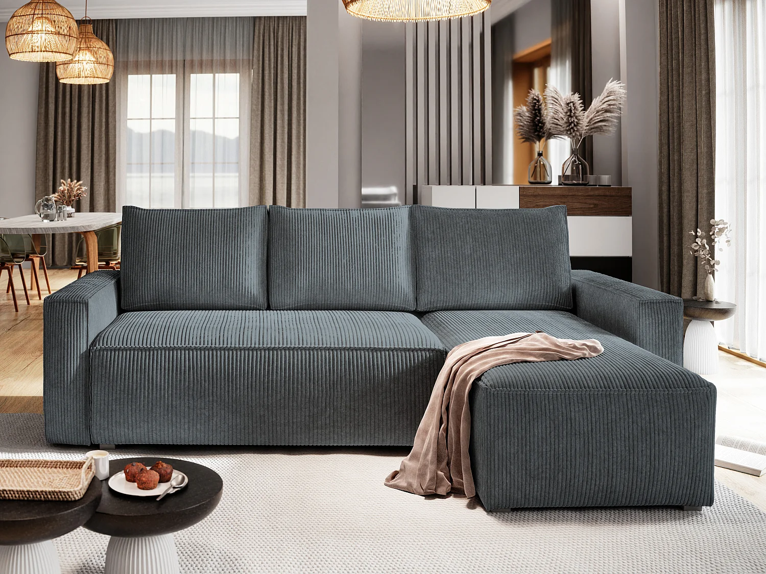Hoekbank POTARO van fluweel met slaapfunctie Grau