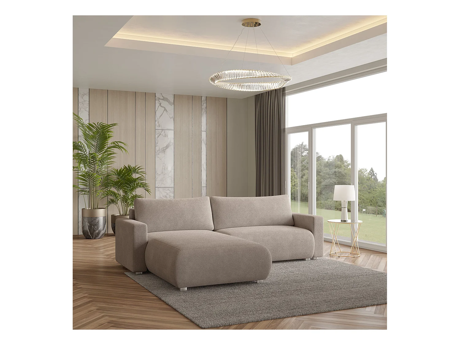Canapé d'angle TURIN Beige en bouclé avec fonction de couchage