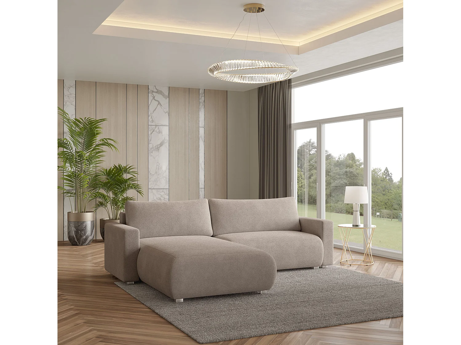 Hoekbank TURIN van fluweel met slaapfunctie Beige