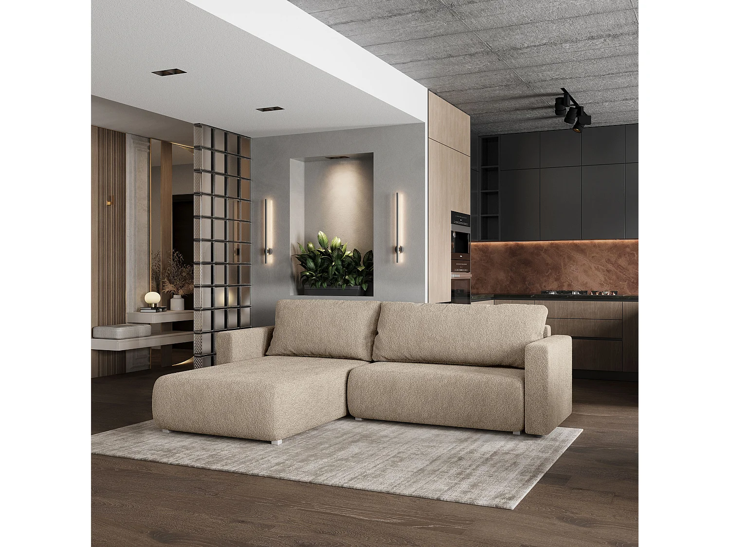 Canapé d'angle convertible 3 places en tissu beige TURIN