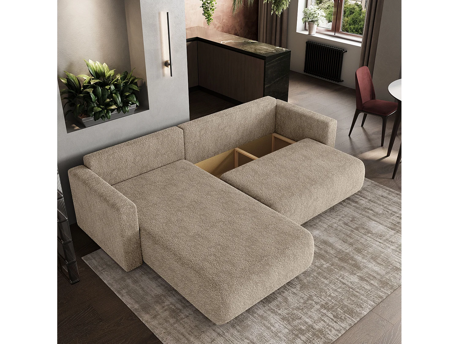 Canapé d'angle convertible 3 places en tissu beige TURIN