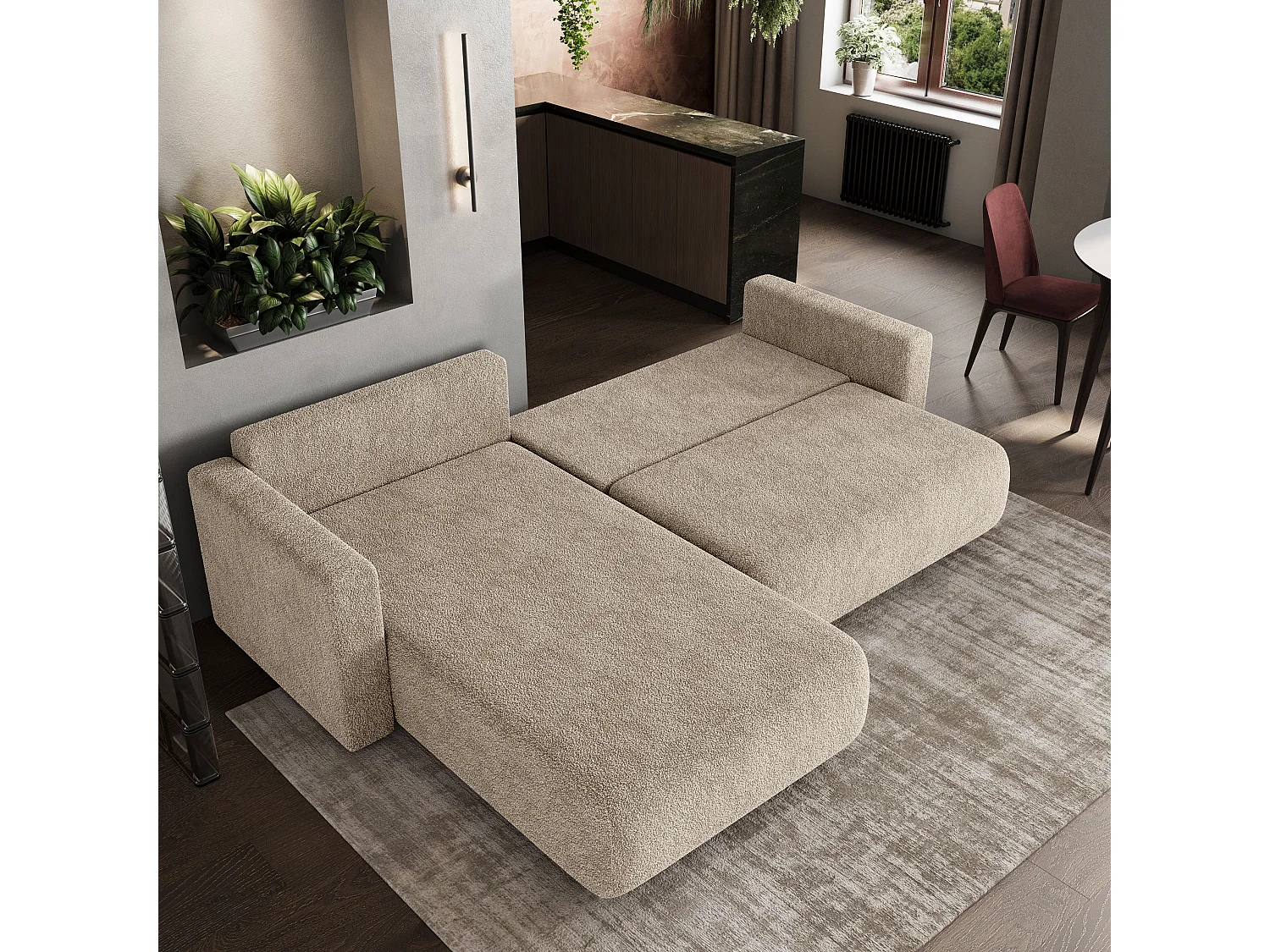 Canapé d'angle convertible 3 places en tissu beige TURIN