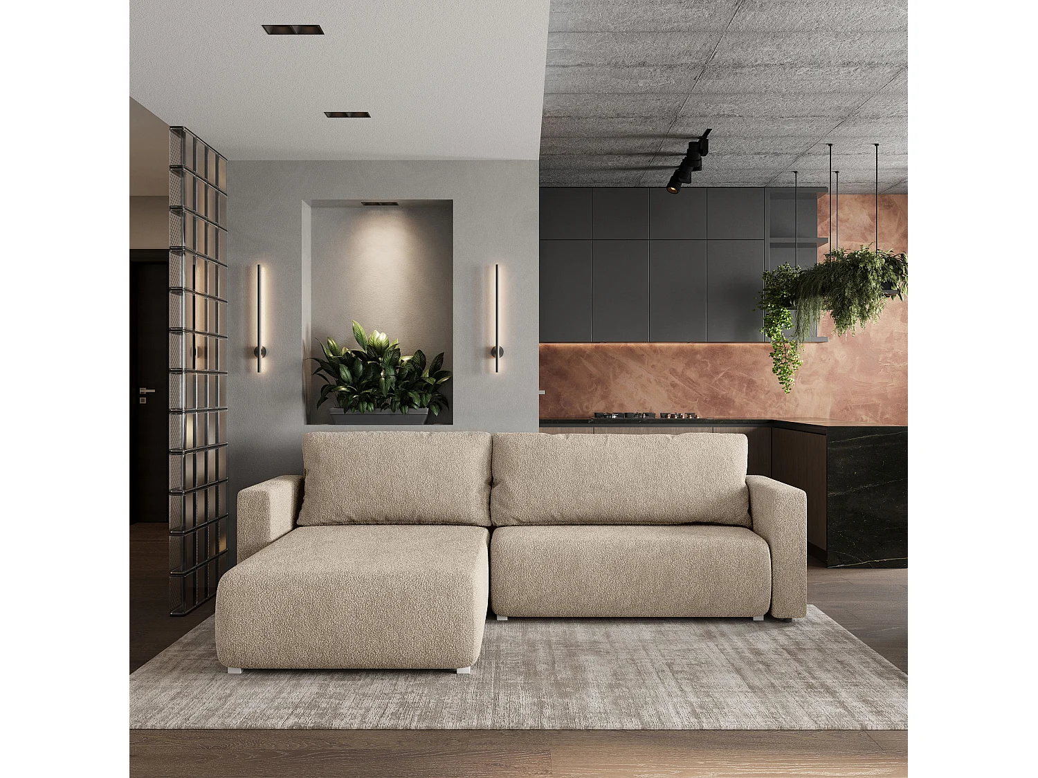 Canapé d'angle convertible 3 places en tissu beige TURIN