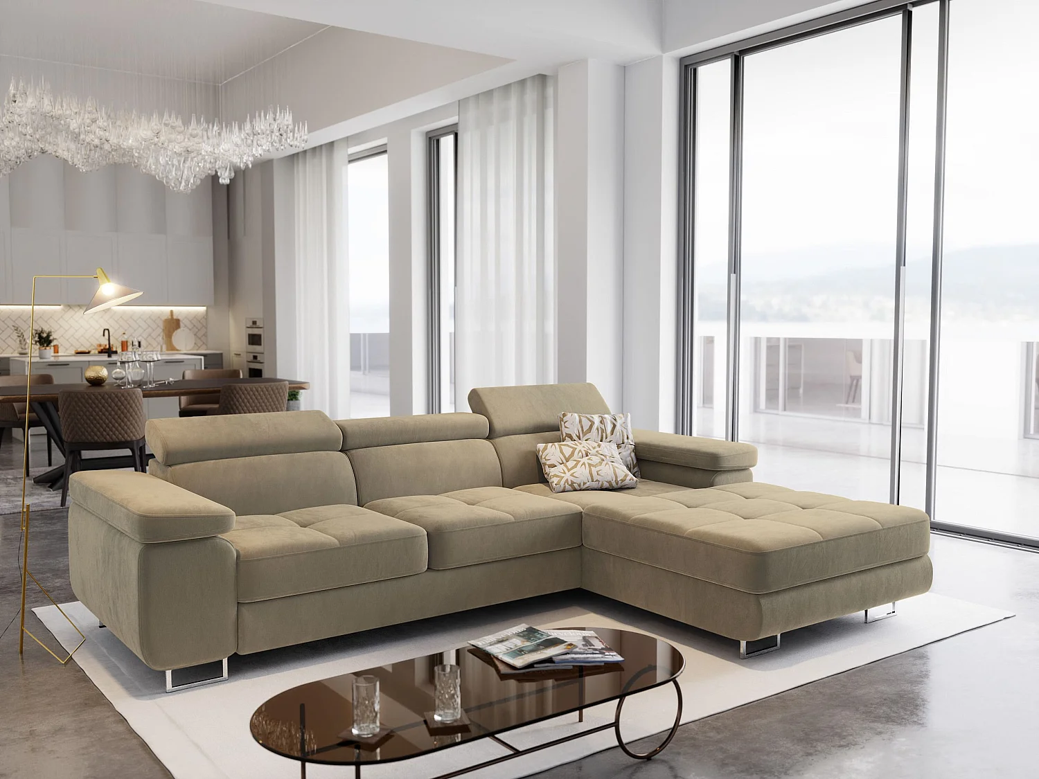 Hoekbank ELMA van fluweel met slaapfunctie Creme