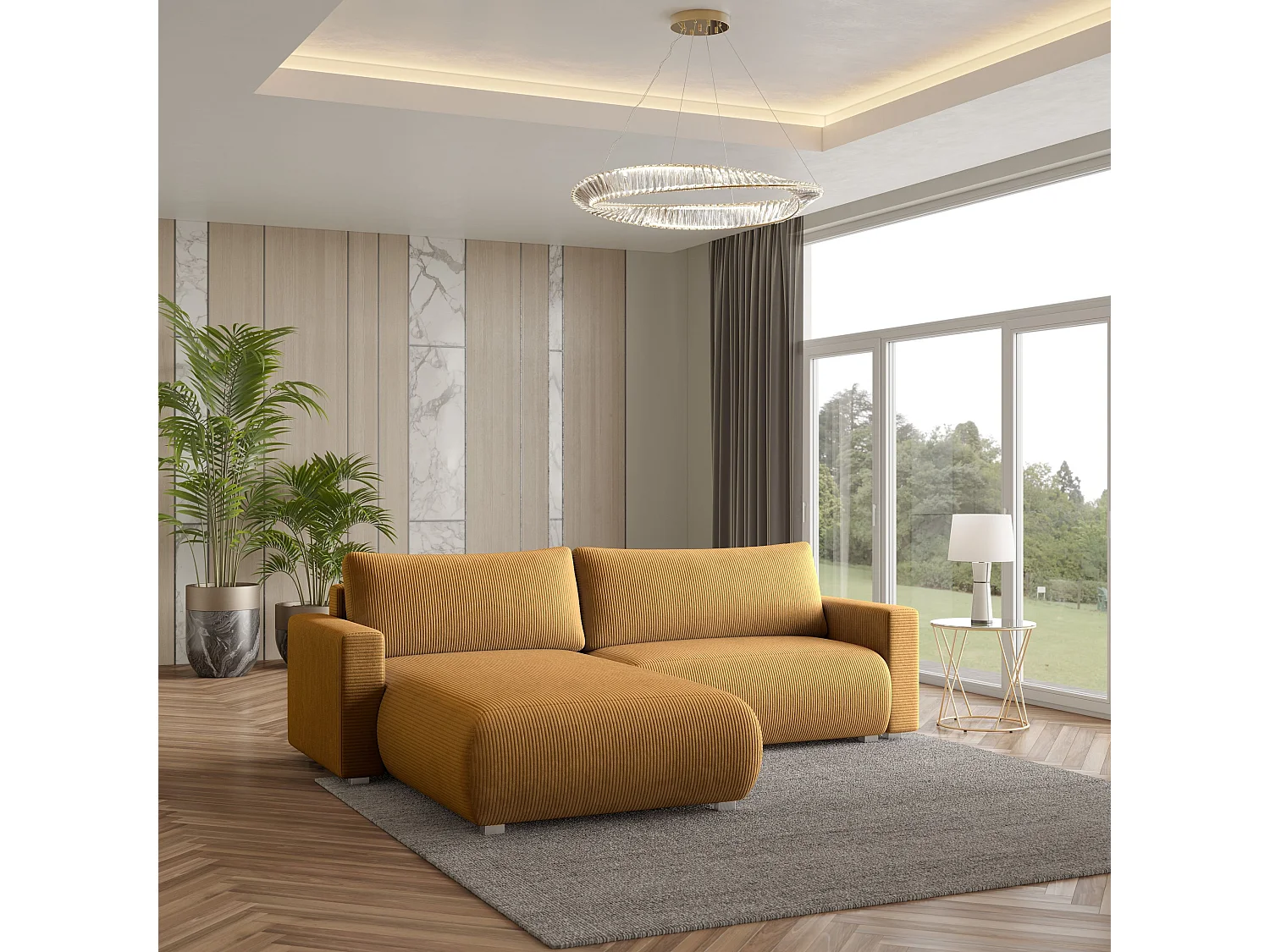 Canapé d'angle TURIN Jaune en velours côtelé avec fonction de couchage