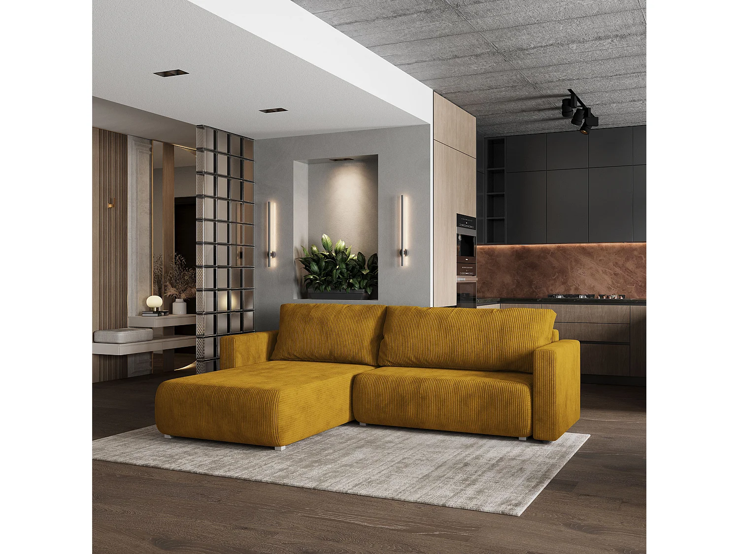 Canapé d'angle TURIN Jaune en velours côtelé avec fonction de couchage