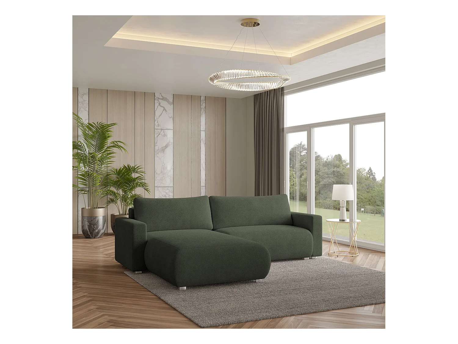 Canapé d'angle TURIN Vert en bouclé avec fonction de couchage
