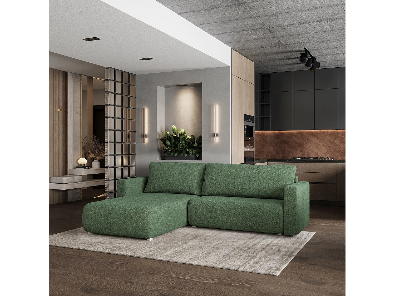 Canapé d'angle convertible 3 places en tissu vert TURIN