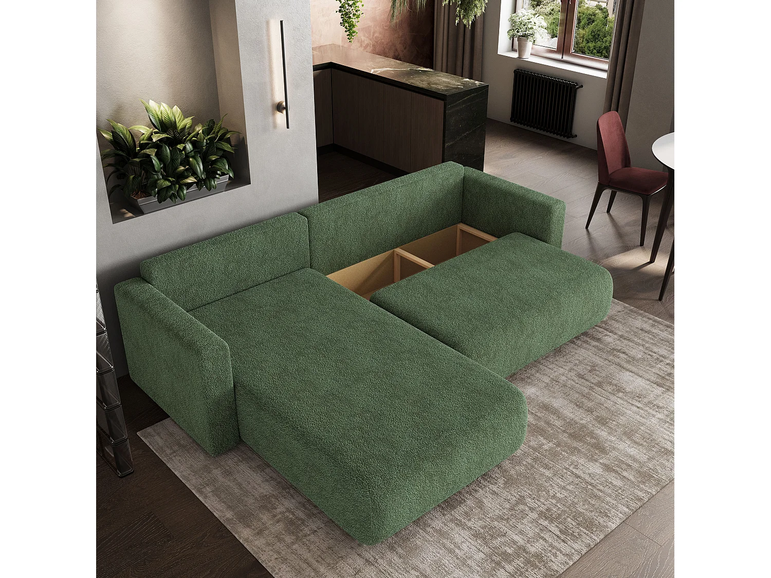 Canapé d'angle convertible 3 places en tissu vert TURIN
