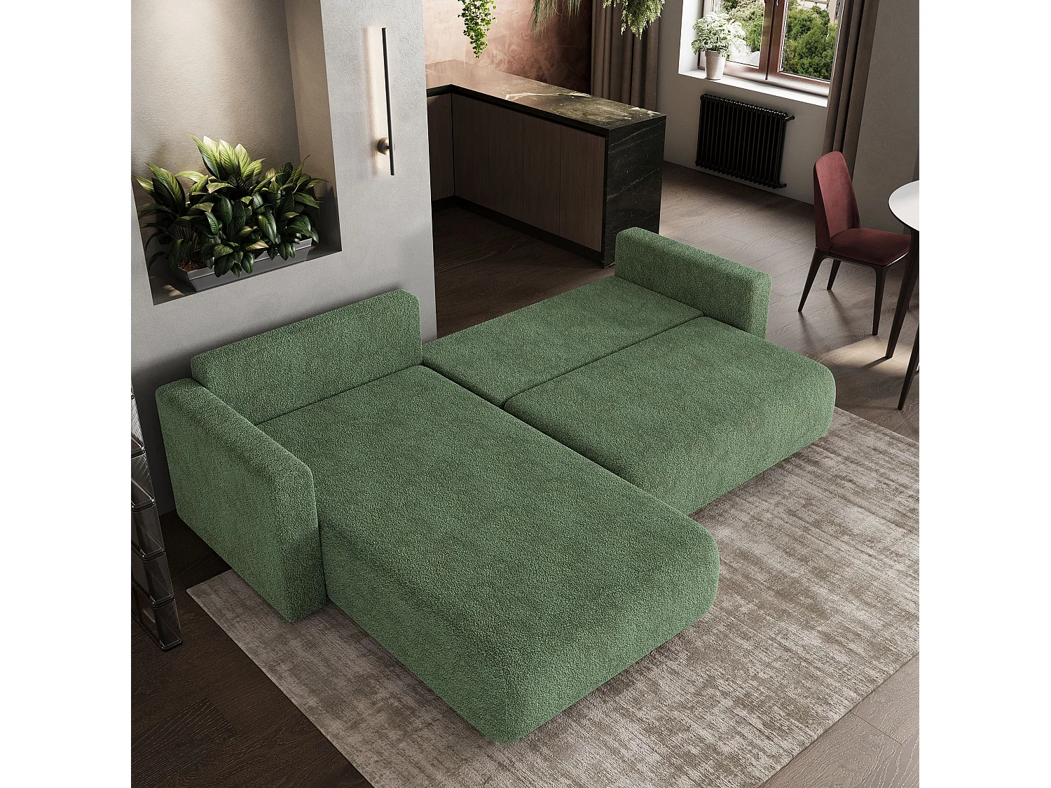 Canapé d'angle convertible 3 places en tissu vert TURIN
