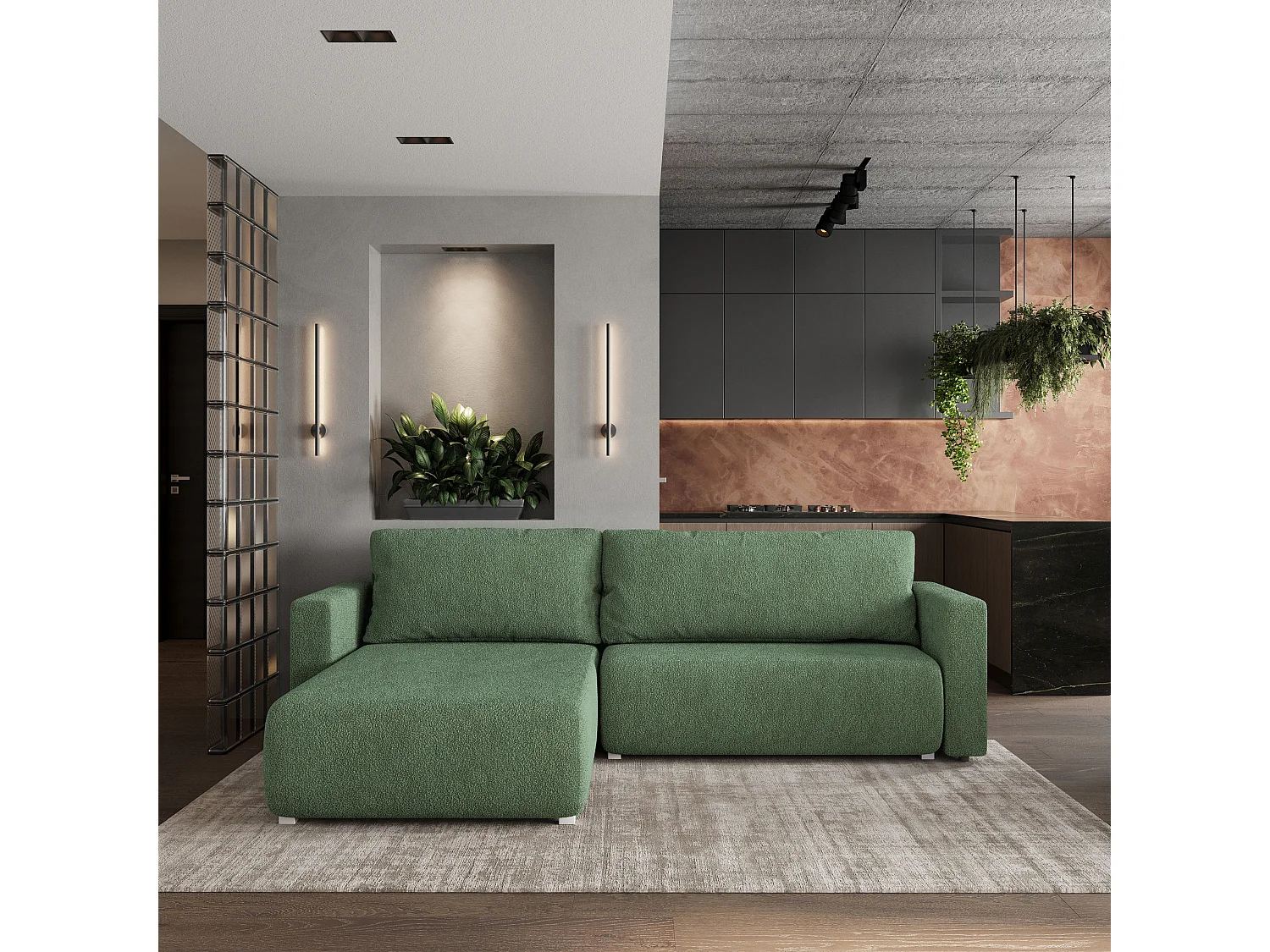 Canapé d'angle convertible 3 places en tissu vert TURIN