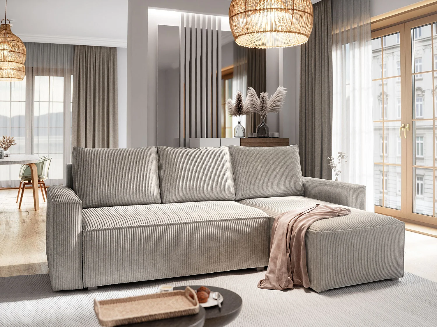 Canapé d'angle POTARO Crème en velours côtelé avec fonction de couchage