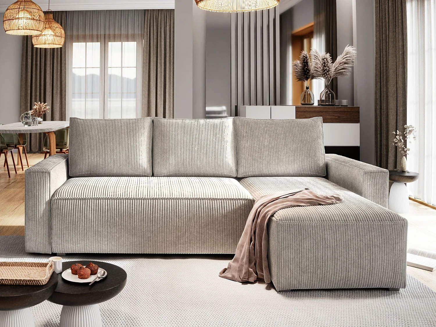 Hoekbank POTARO van fluweel met slaapfunctie Creme