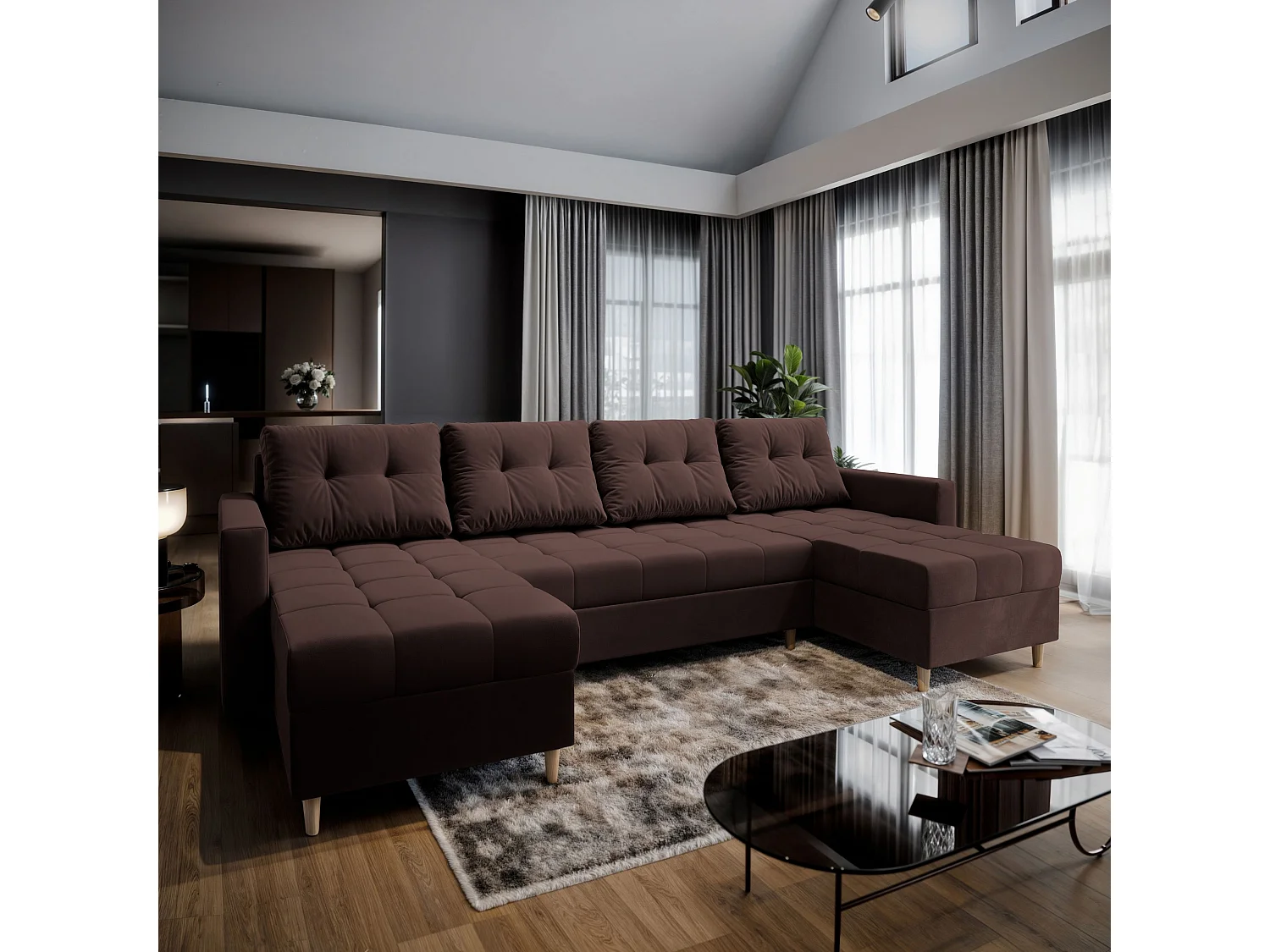 Canapé d'angle MILO Marron en peluche avec fonction de couchage