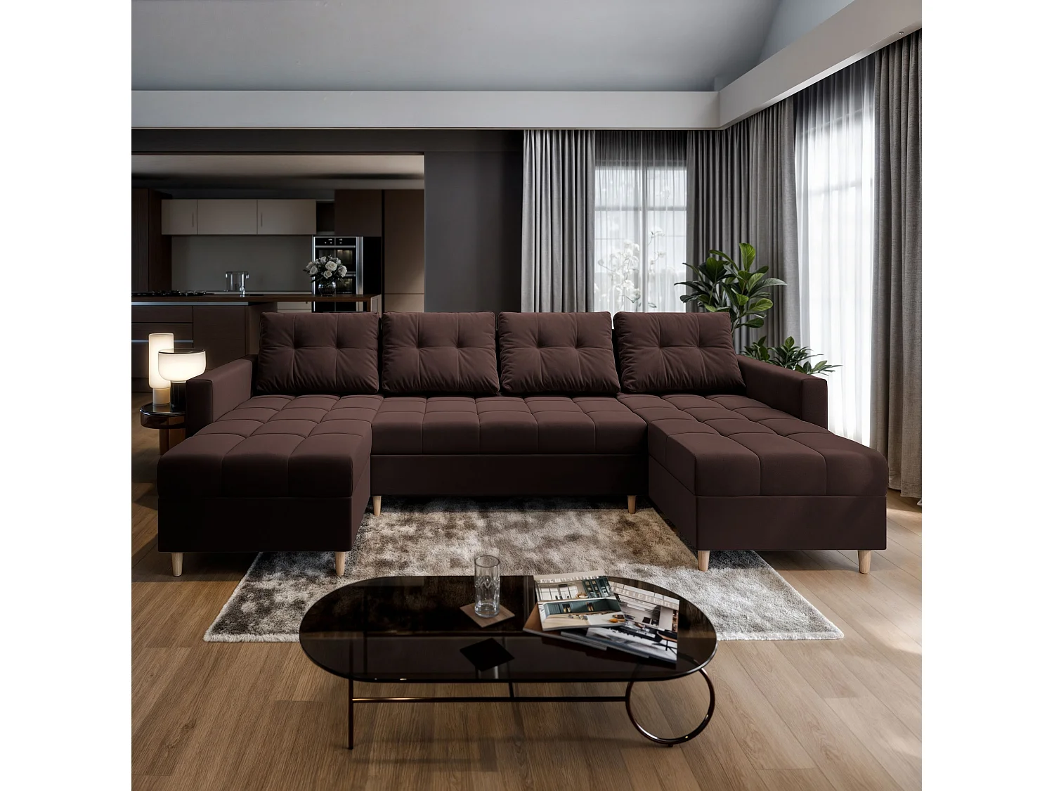 Canapé d'angle MILO Marron en peluche avec fonction de couchage