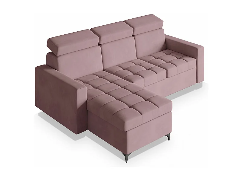 Canapé d'angle KAME Rose poudré en peluche avec fonction de couchage