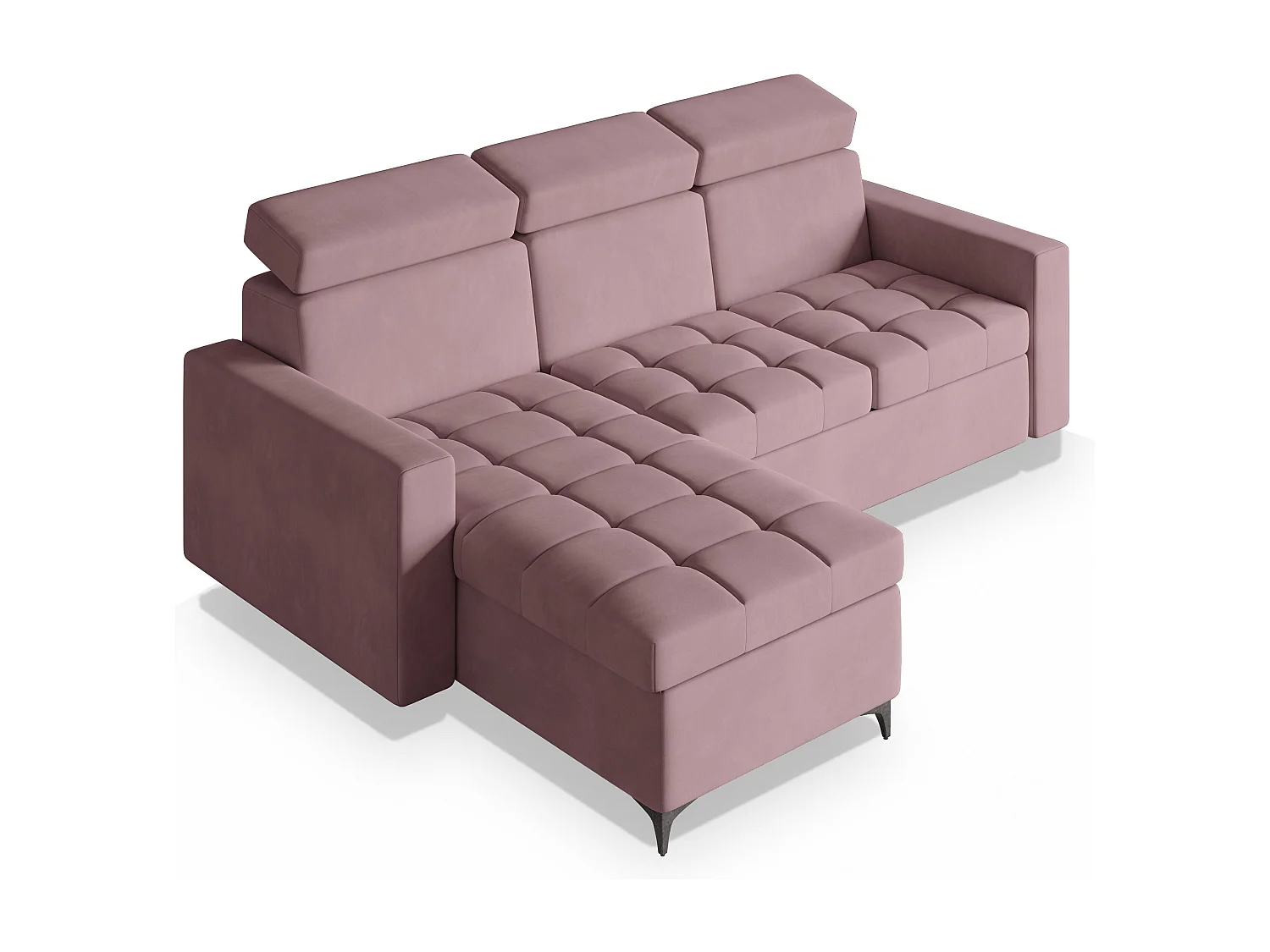 Canapé d'angle KAME Rose poudré en peluche avec fonction de couchage