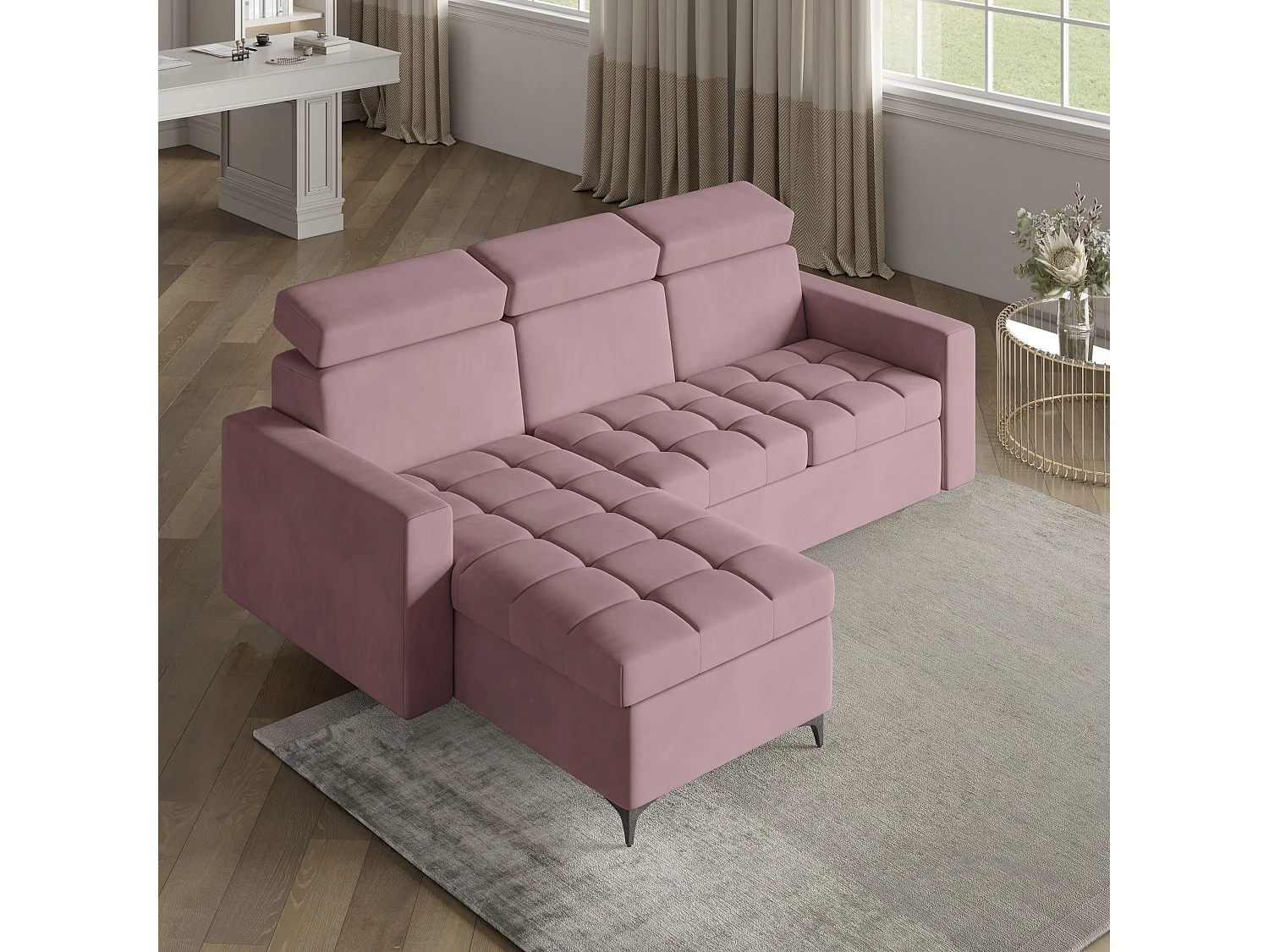 Canapé d'angle KAME Rose poudré en peluche avec fonction de couchage
