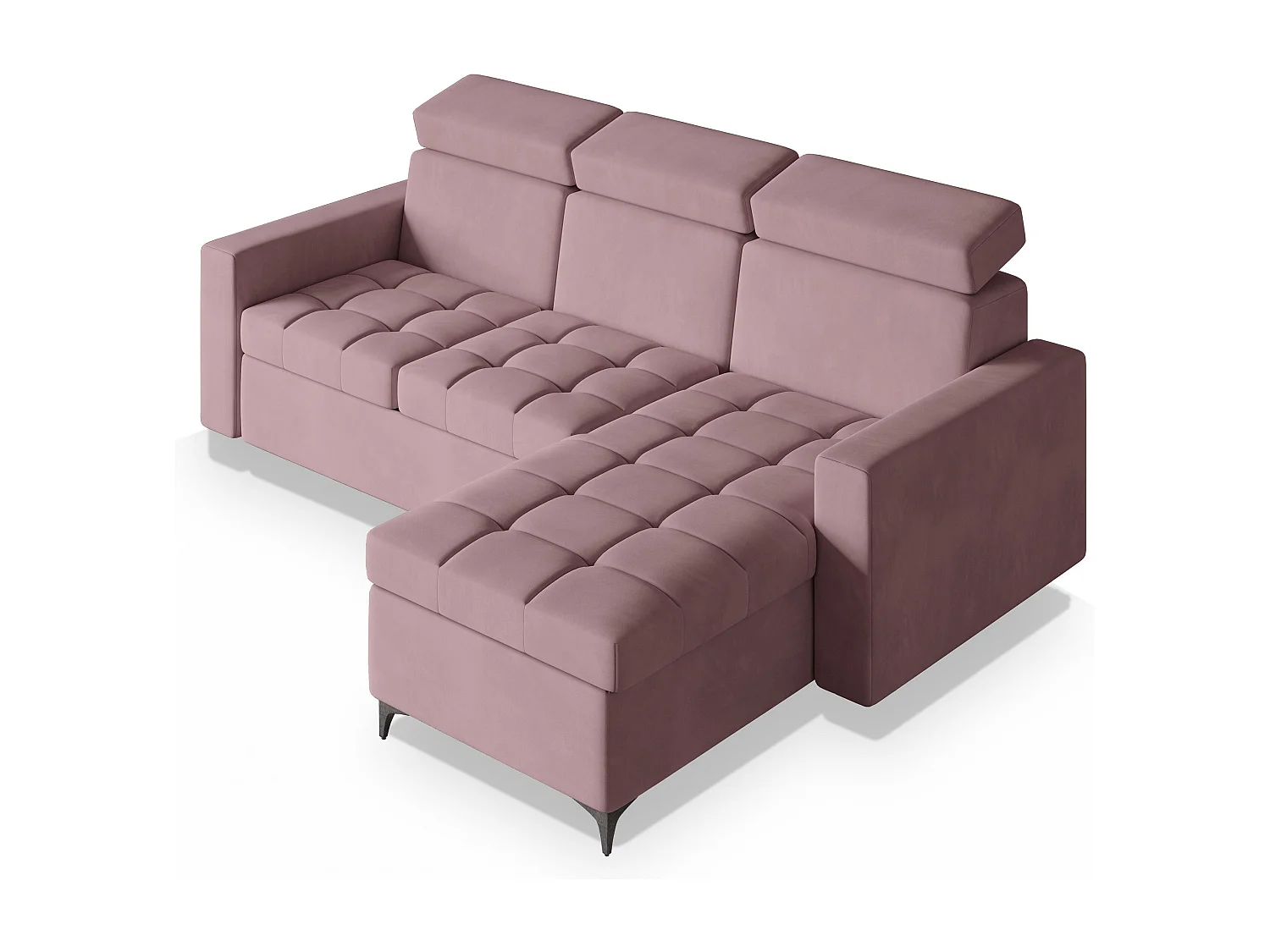 Canapé d'angle KAME Rose poudré en peluche avec fonction de couchage