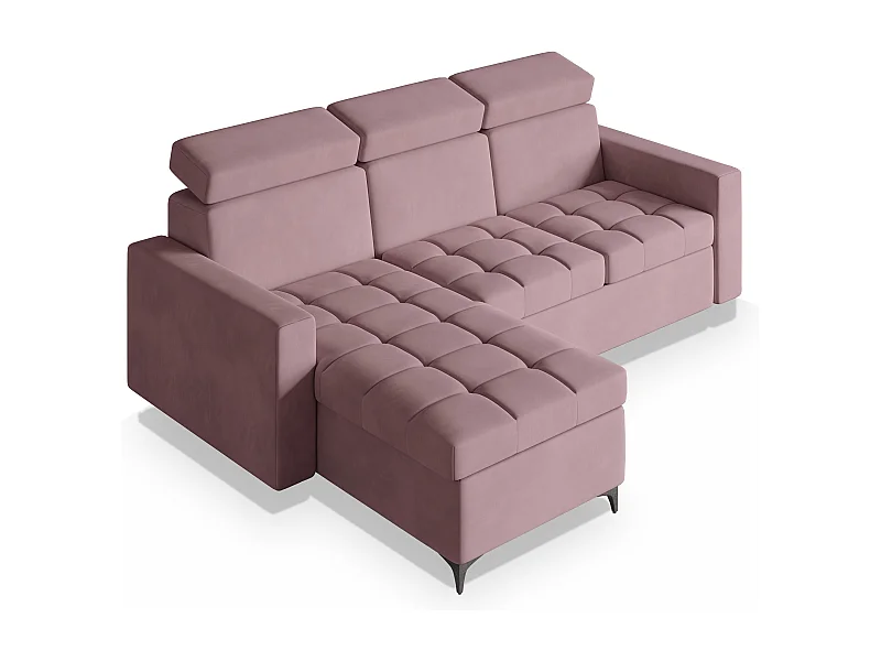 Canapé d'angle KAME Rose poudré en peluche avec fonction de couchage