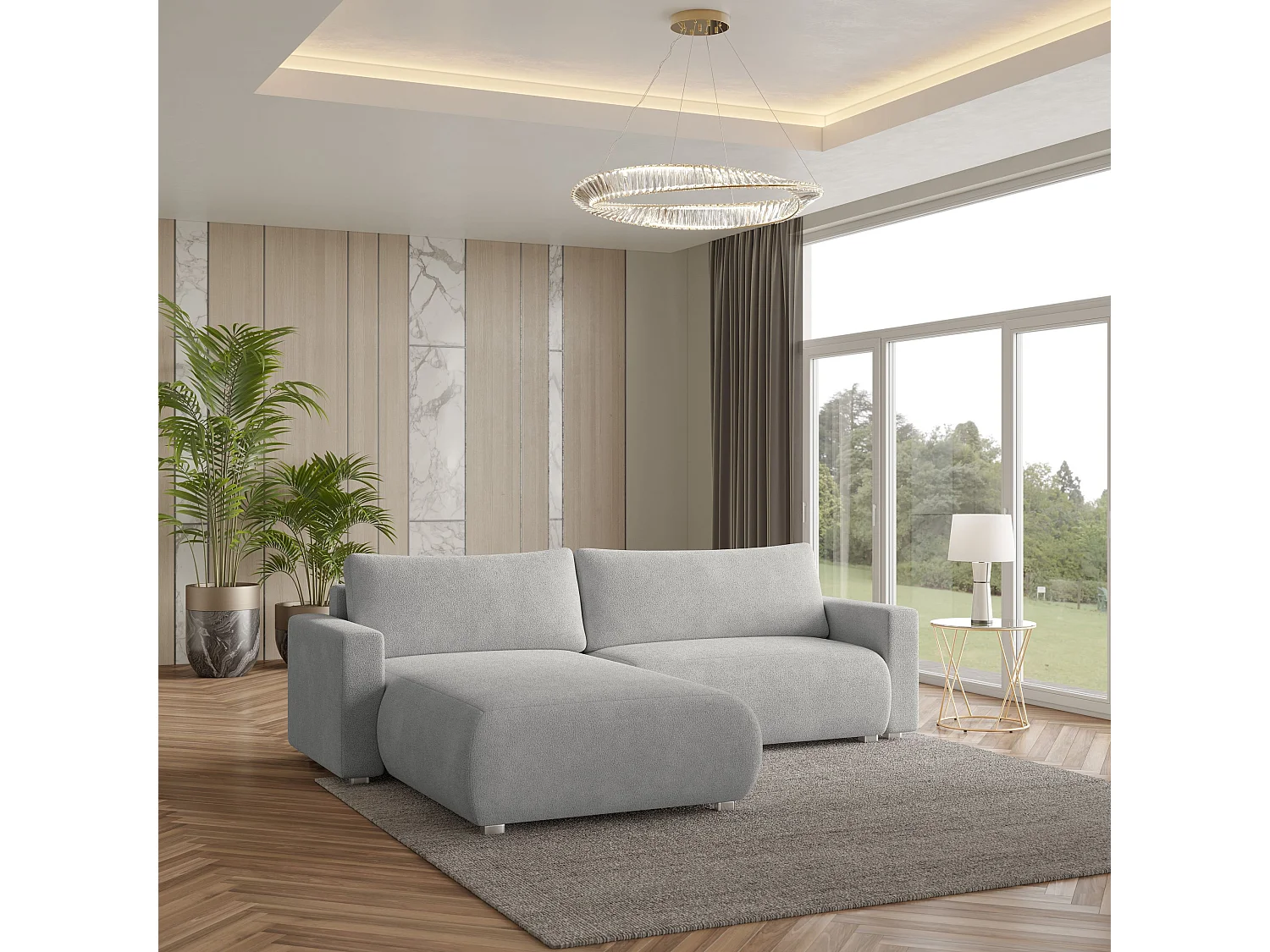 Canapé d'angle TURIN Gris clair en bouclé avec fonction de couchage