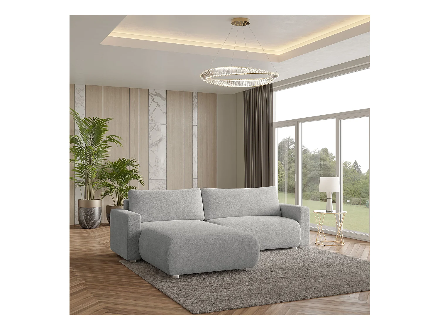 Canapé d'angle TURIN Gris clair en bouclé avec fonction de couchage