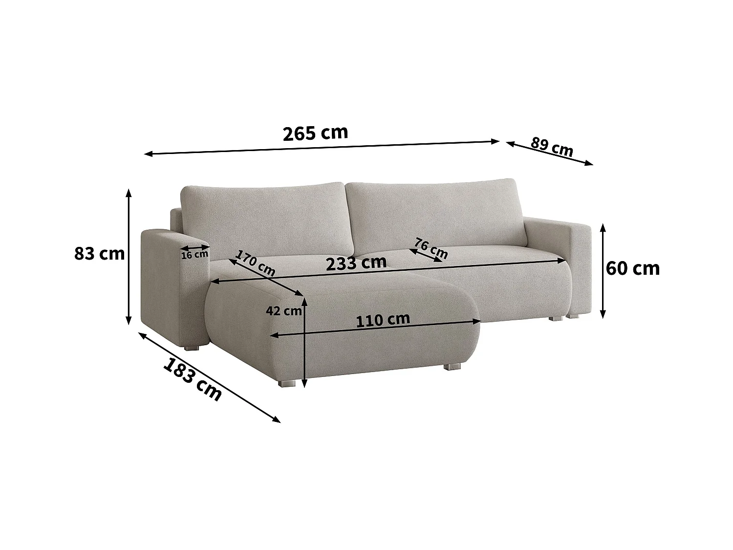 Canapé d'angle TURIN Gris clair en bouclé avec fonction de couchage