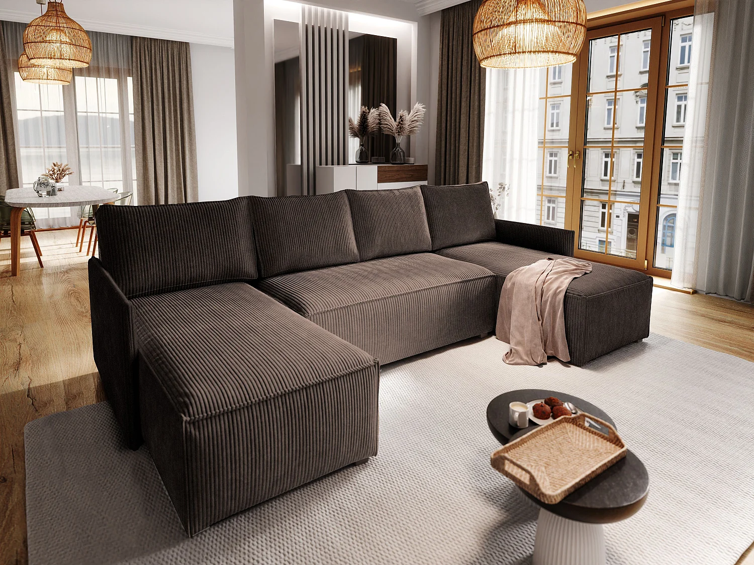 Canapé d'angle TRES Marron en velours côtelé avec fonction de couchage