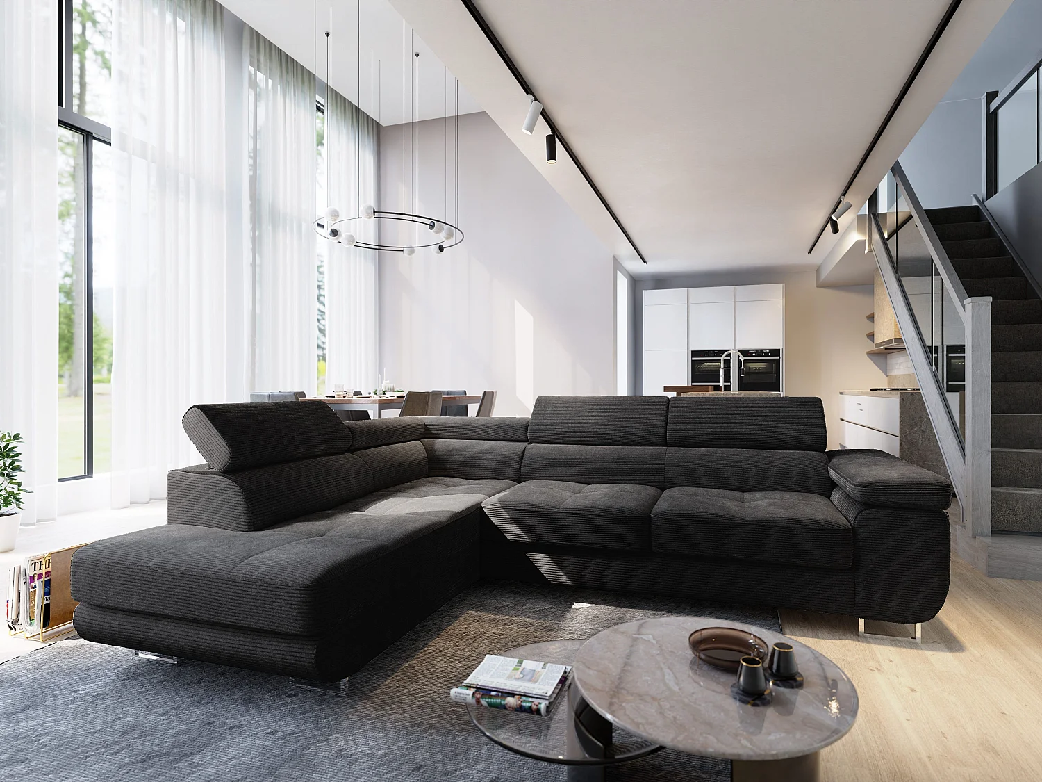 Canapé d'angle APIRO Noir en velours côtelé avec fonction de couchage