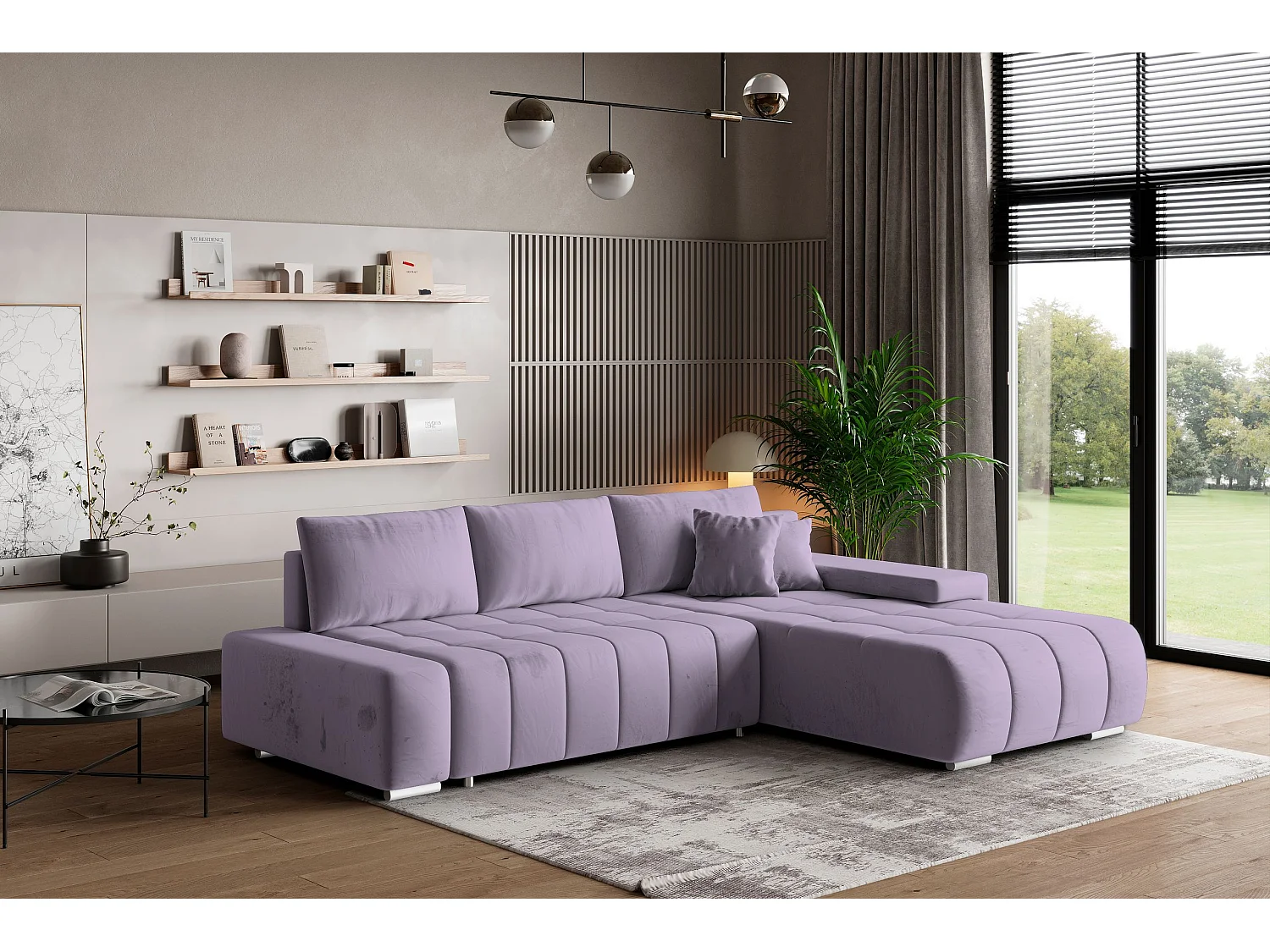 Canapé d'angle ALESE Parme en velours avec fonction de couchage