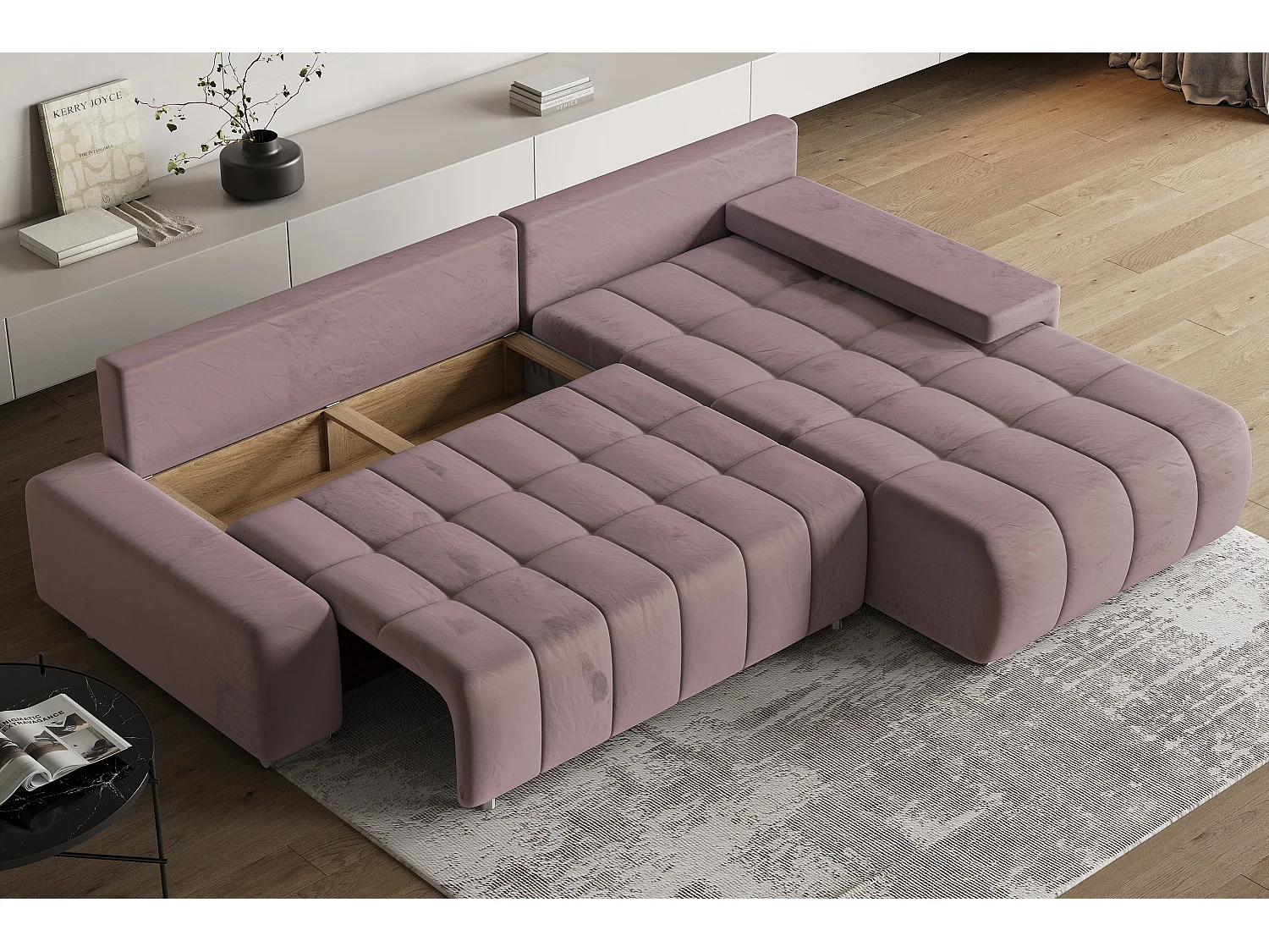 Hoekbank ALESE van fluweel met slaapfunctie Lila