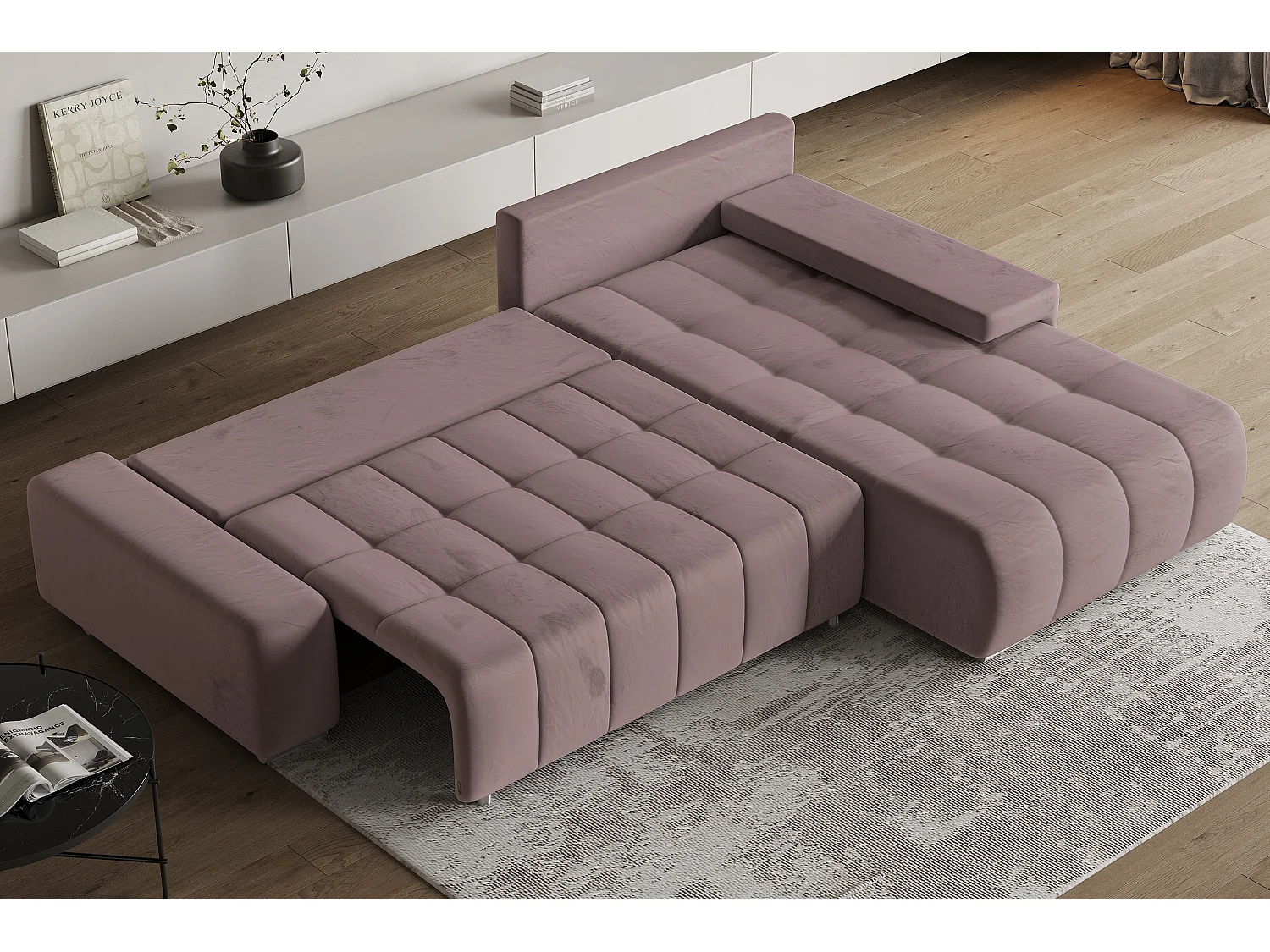 Hoekbank ALESE van fluweel met slaapfunctie Lila