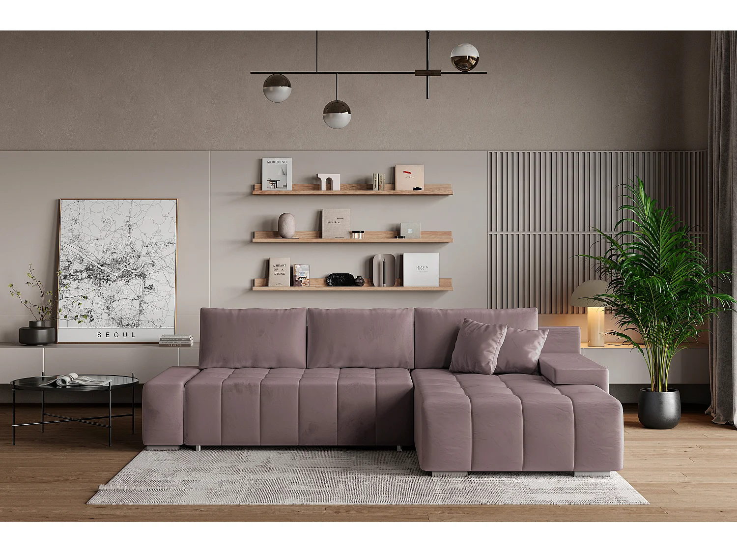 Hoekbank ALESE van fluweel met slaapfunctie Lila