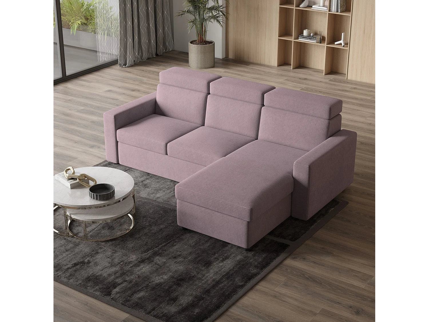 Canapé d'angle PADWA Parme en velours côtelé avec fonction de couchage