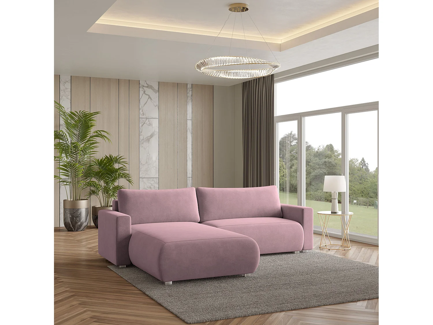 Canapé d'angle TURIN Parme en velours avec fonction de couchage