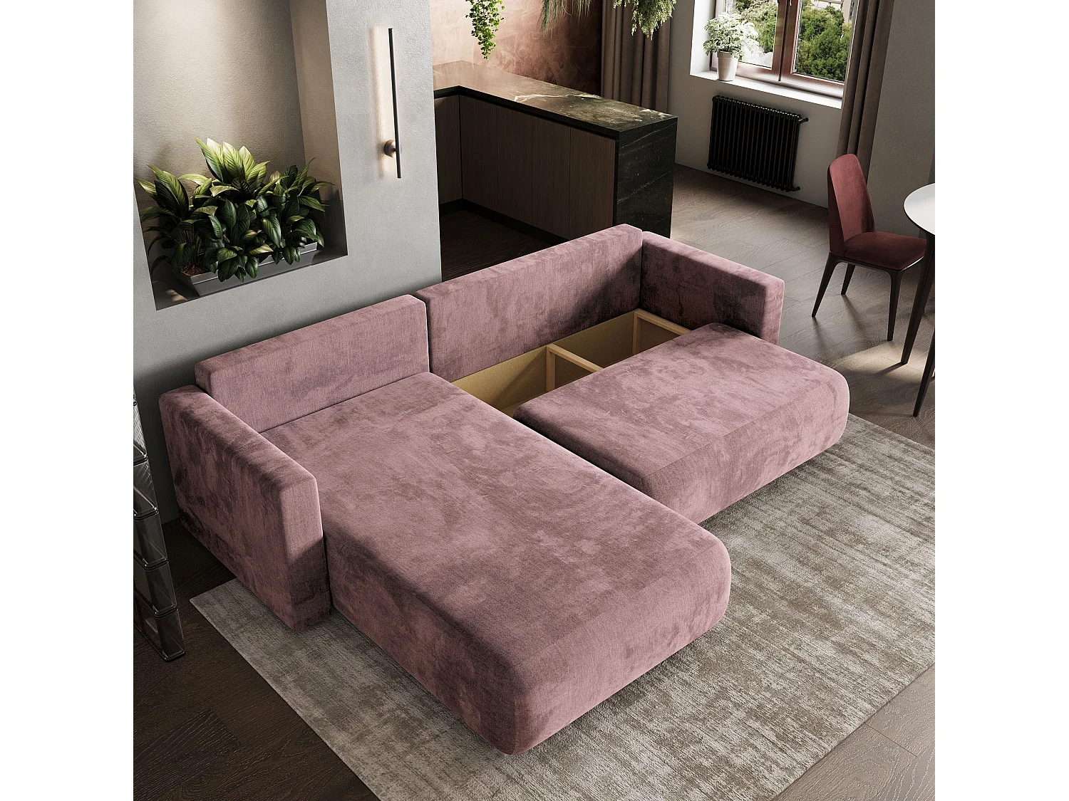 Hoekbank TURIN van fluweel met slaapfunctie Lila