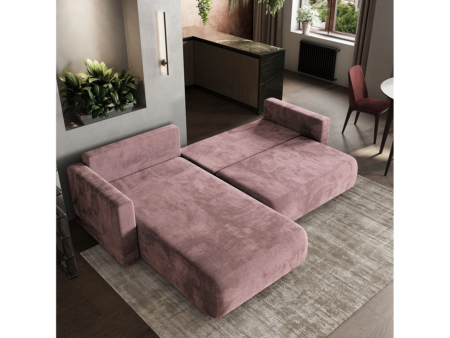 Hoekbank TURIN van fluweel met slaapfunctie Lila