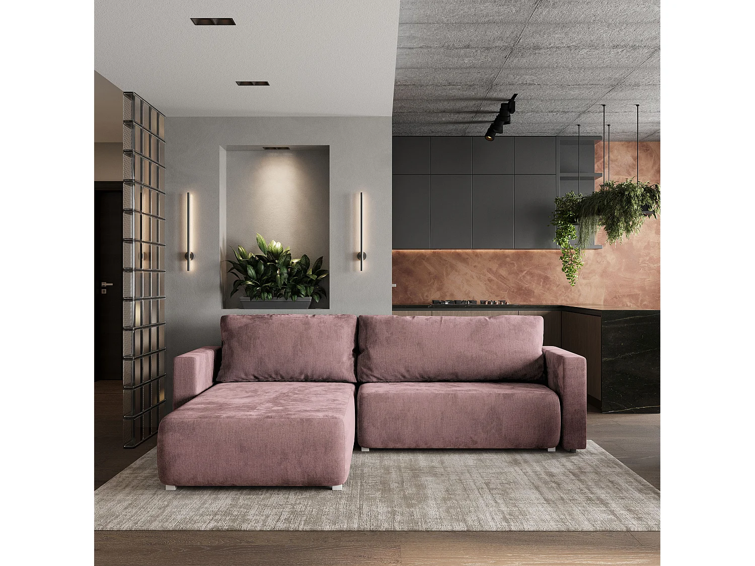 Hoekbank TURIN van fluweel met slaapfunctie Lila
