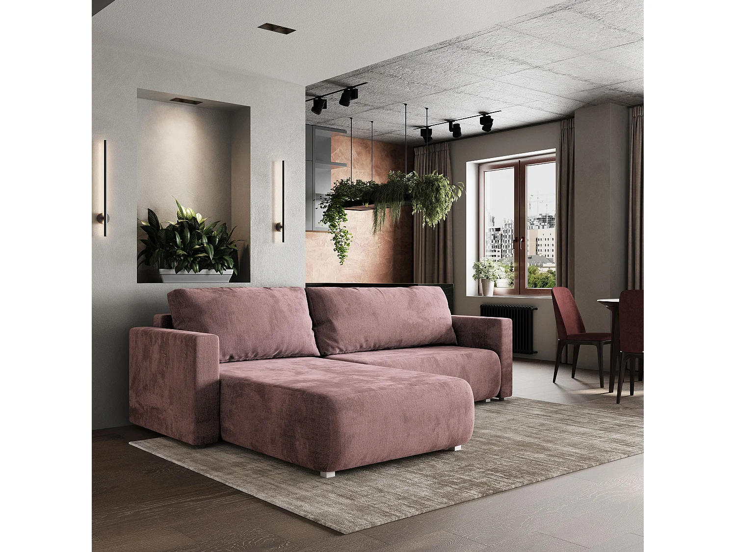 Hoekbank TURIN van fluweel met slaapfunctie Lila