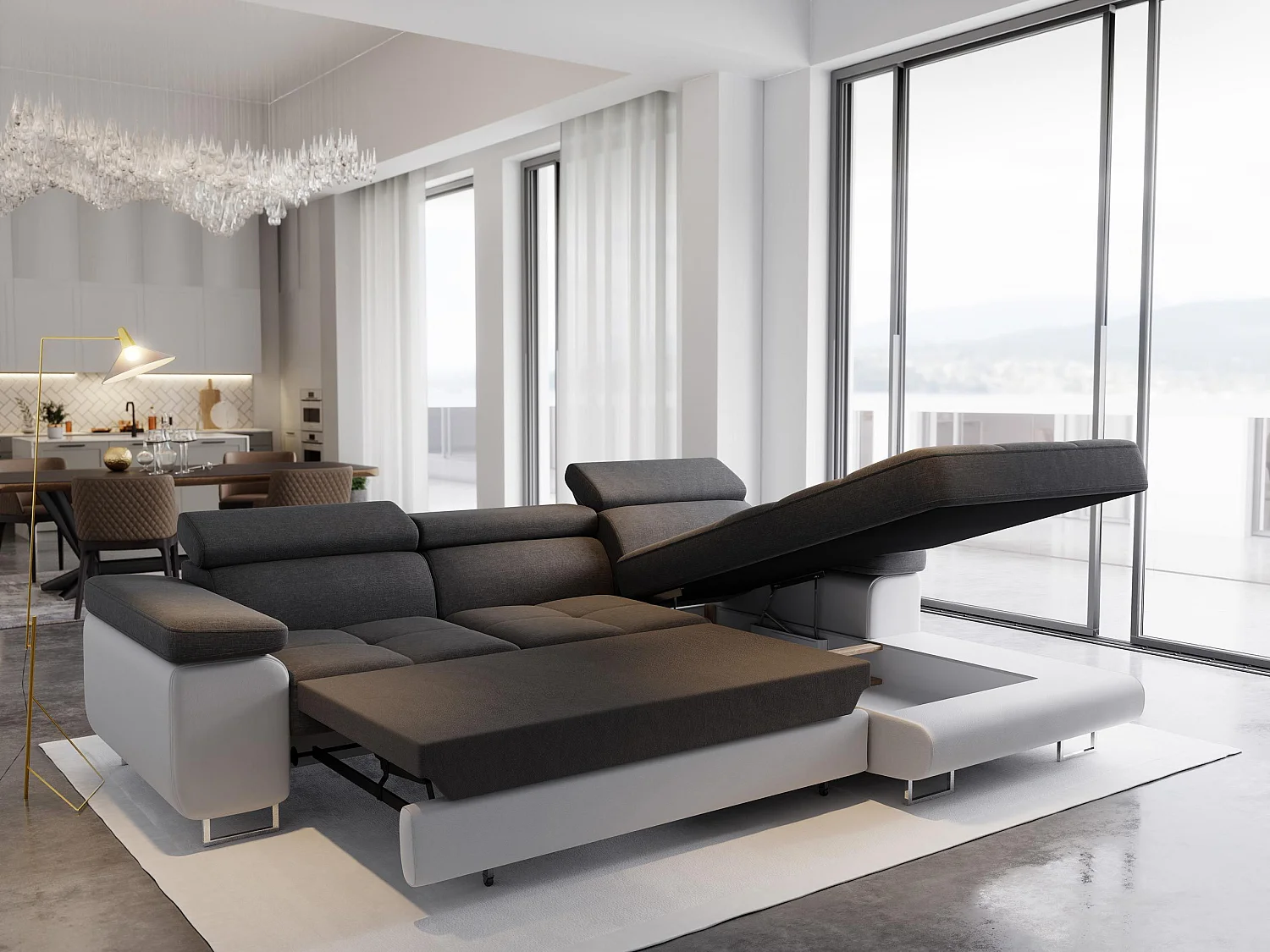 Canapé d'angle ELMA Beige en velours avec fonction de couchage