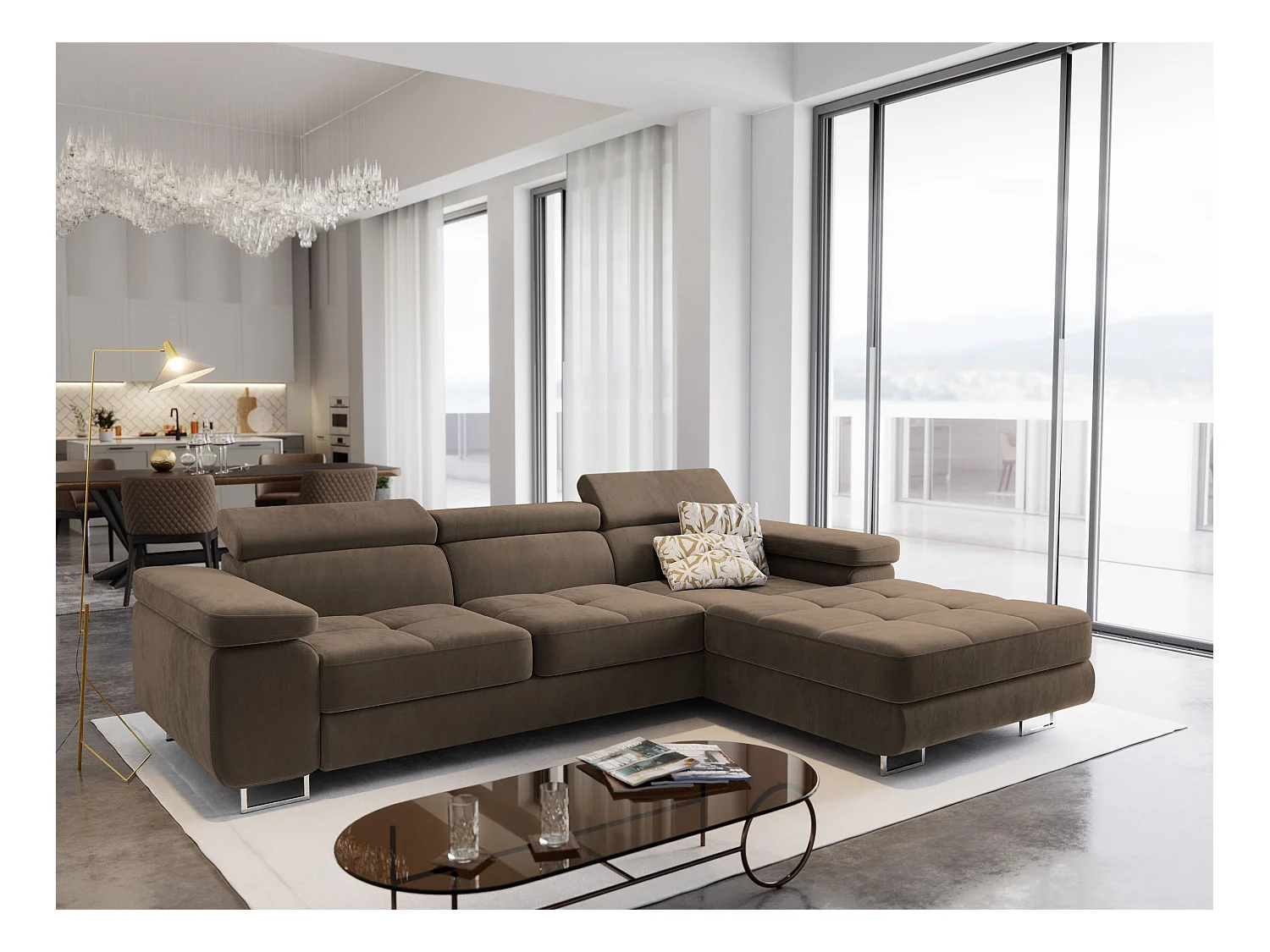 ECKSOFA ELMA R-S Beige Velours-Stoff mit Schlaffunktion