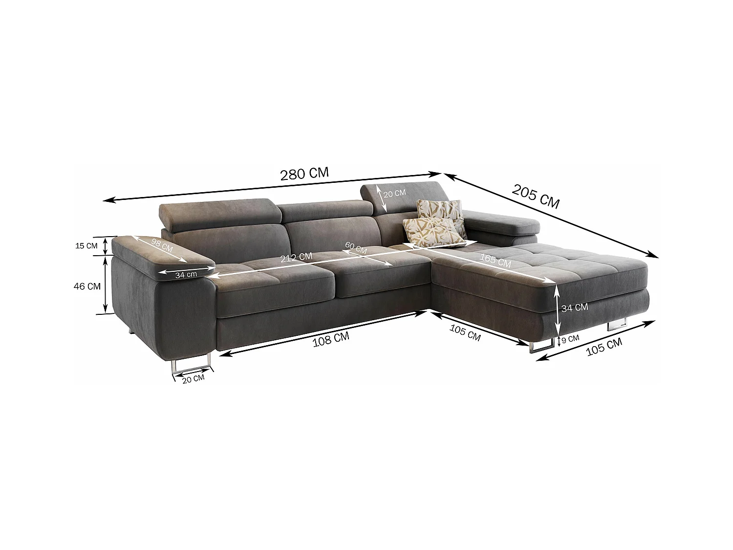 ECKSOFA ELMA R-S Beige Velours-Stoff mit Schlaffunktion