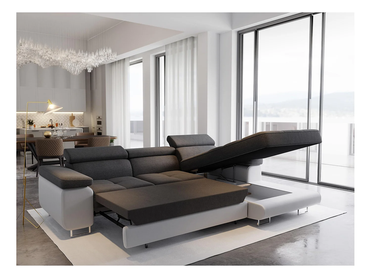 ECKSOFA ELMA R-S Beige Velours-Stoff mit Schlaffunktion