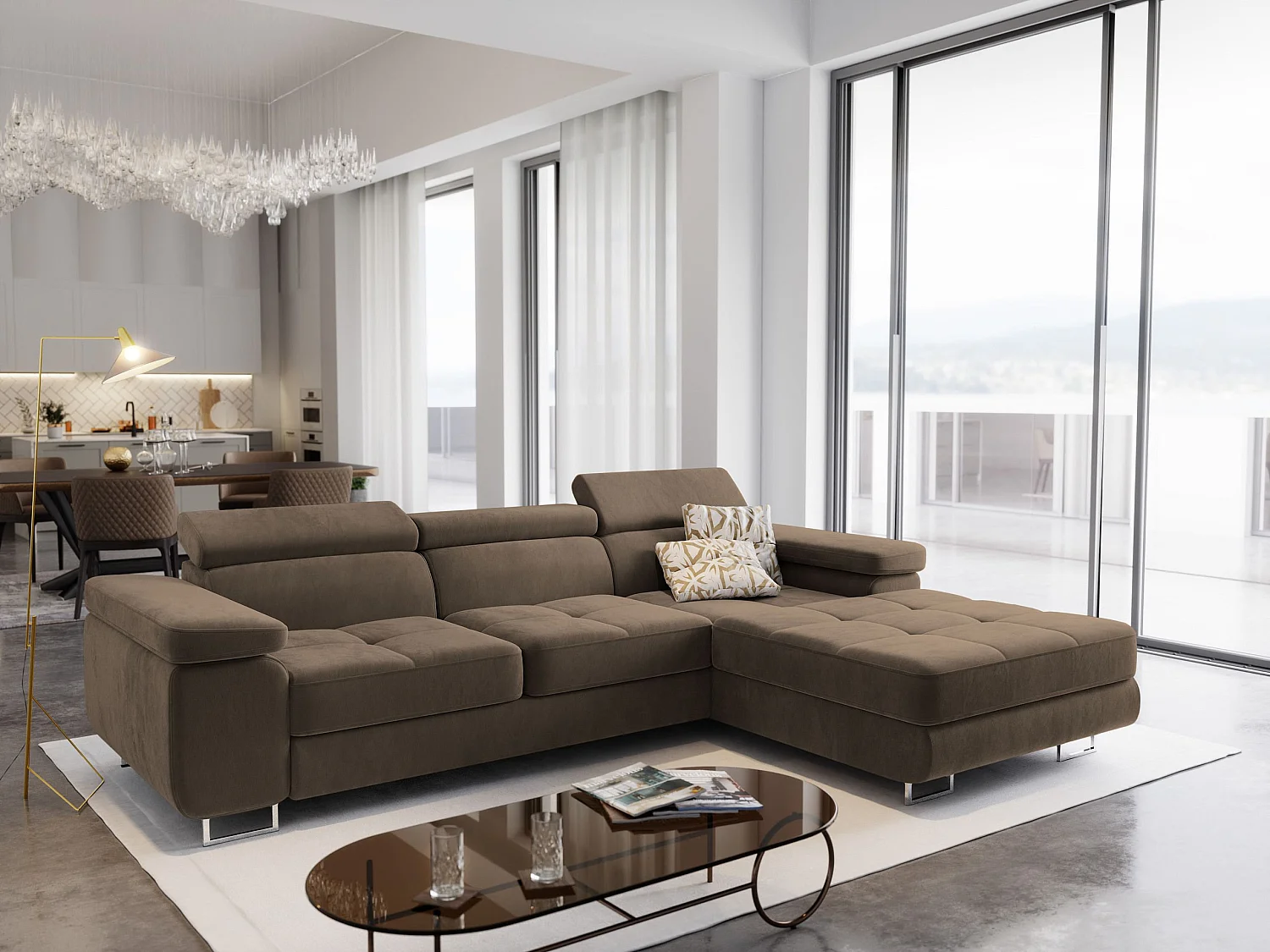 ECKSOFA ELMA R-S Beige Velours-Stoff mit Schlaffunktion