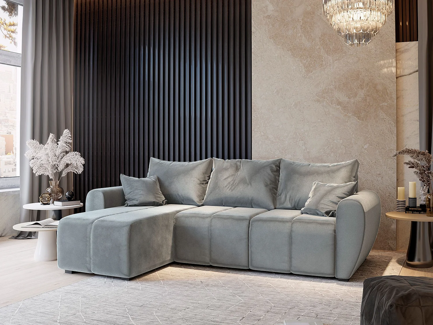 Canapé d'angle MADISON Gris clair en peluche avec fonction de couchage