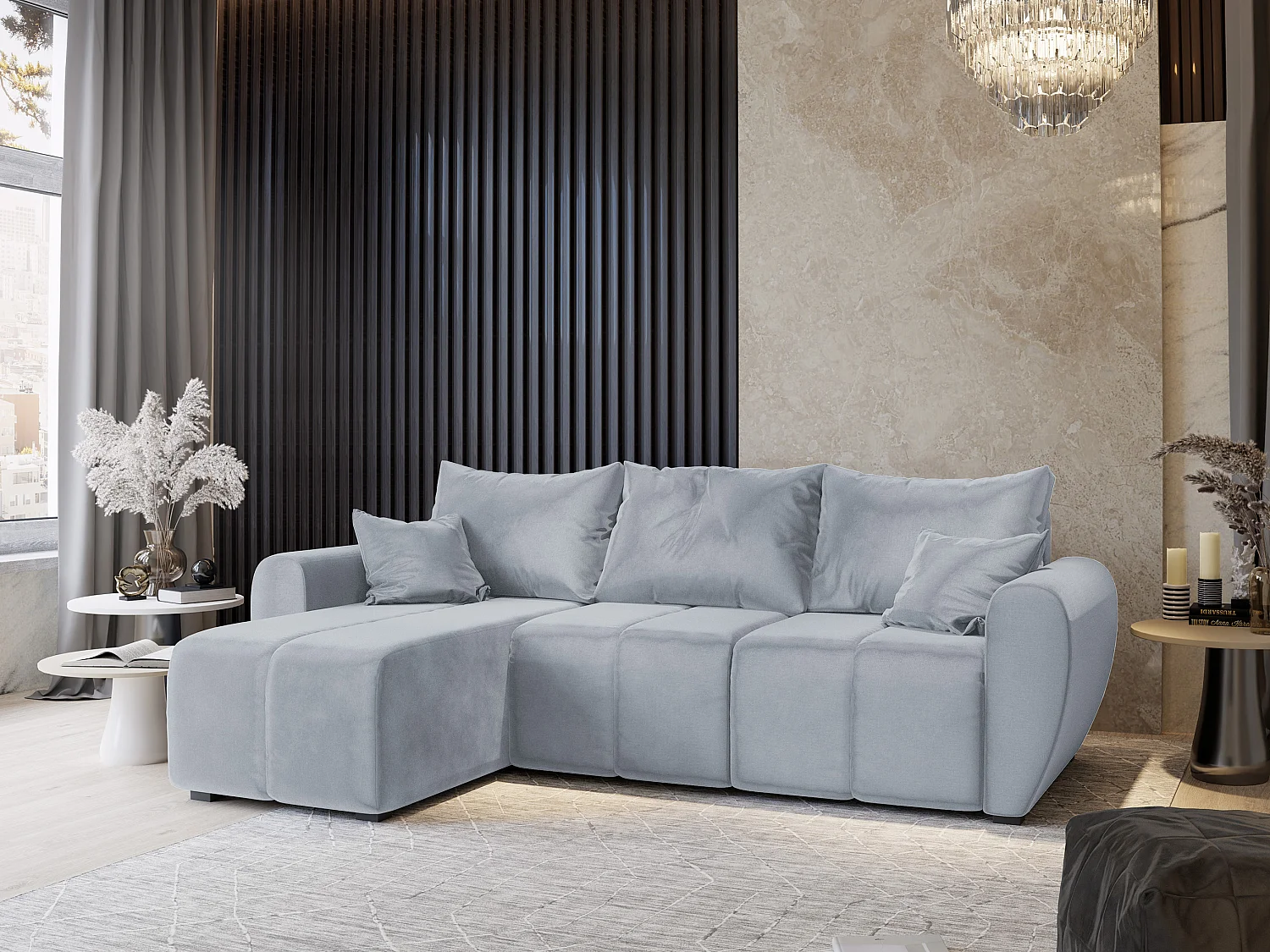 Canapé d'angle MADISON Gris clair en peluche avec fonction de couchage