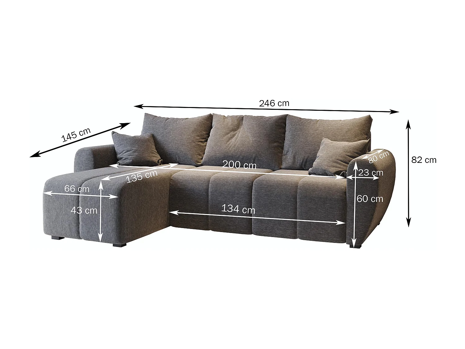 Canapé d'angle MADISON Gris clair en peluche avec fonction de couchage